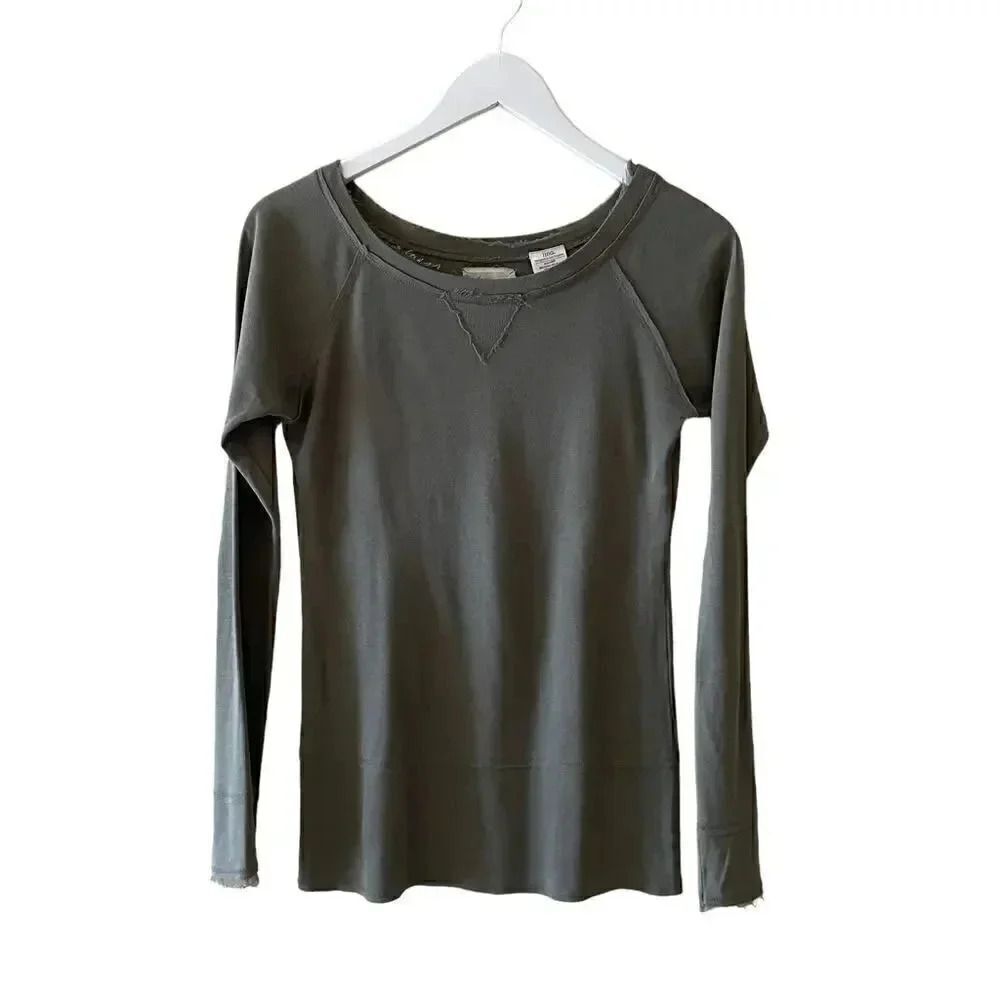 Linq Olive Cotton Modal Lightweight Silk Hem Pullover Long Sleeves Top SZ S